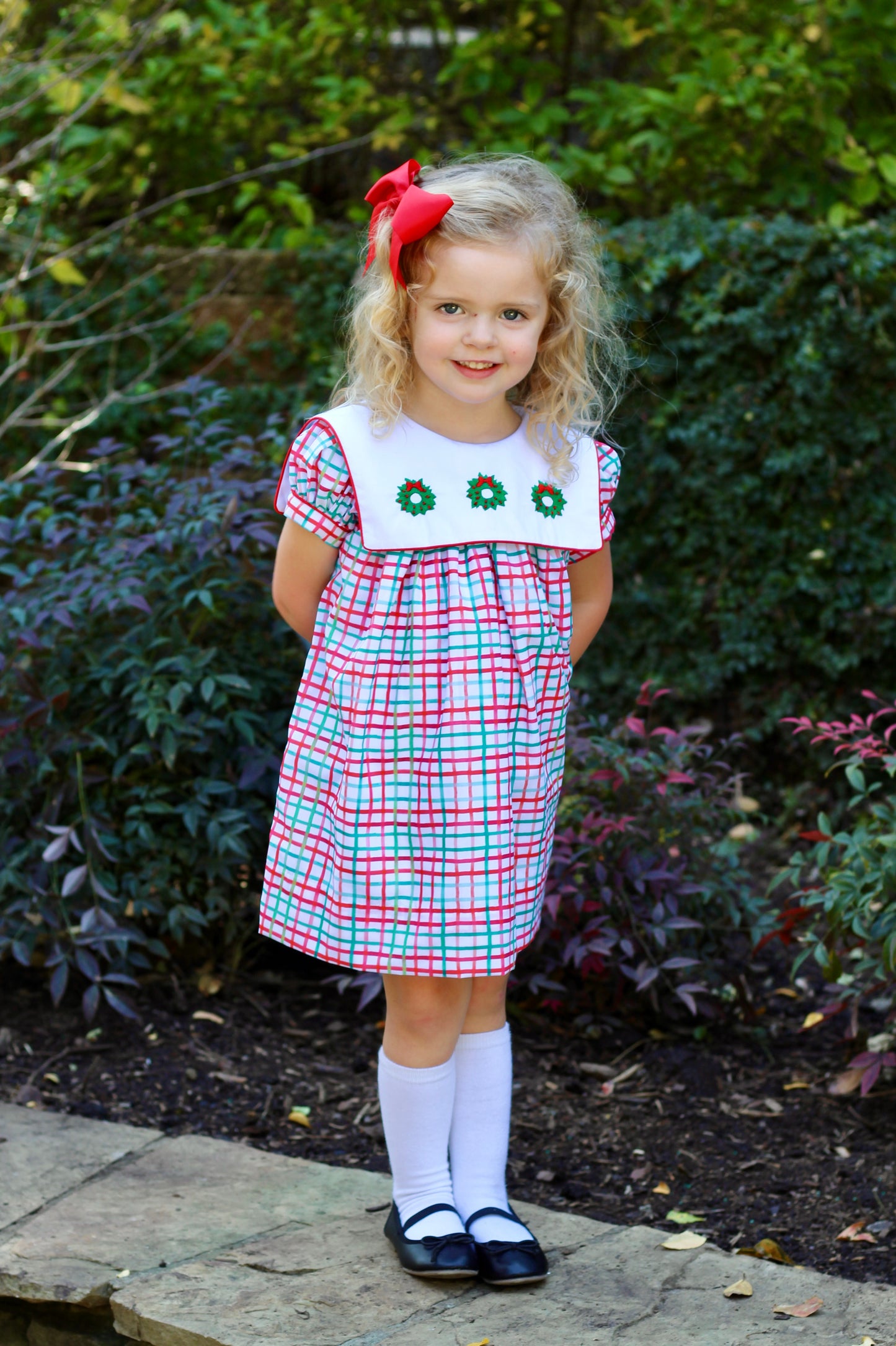 Christmas Collection Girls Plaid Wreath Dress